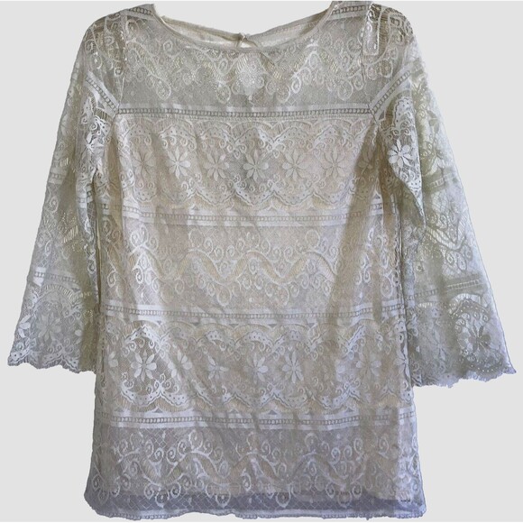 MAX STUDIO sz S Neutral Beige Ivory Lace Tunic Top 3/4 Sleeves Off-White Lacey - Picture 1 of 5
